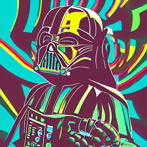 Image similar to artgerm, psychedelic laughing cybertronic darth vader, rocking out, headphones dj rave, digital artwork, r. crumb, svg vector