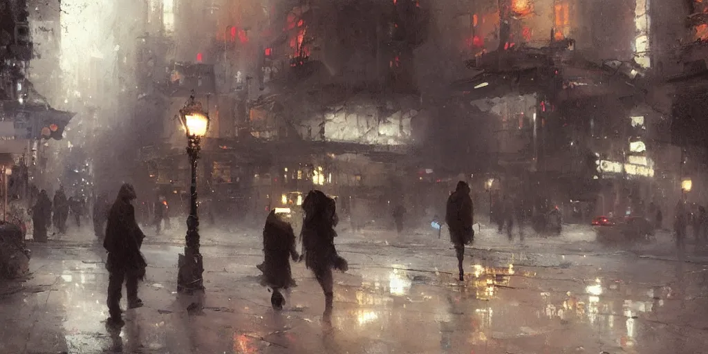 Image similar to street scene, volumetric lighting, painting by jeremy mann