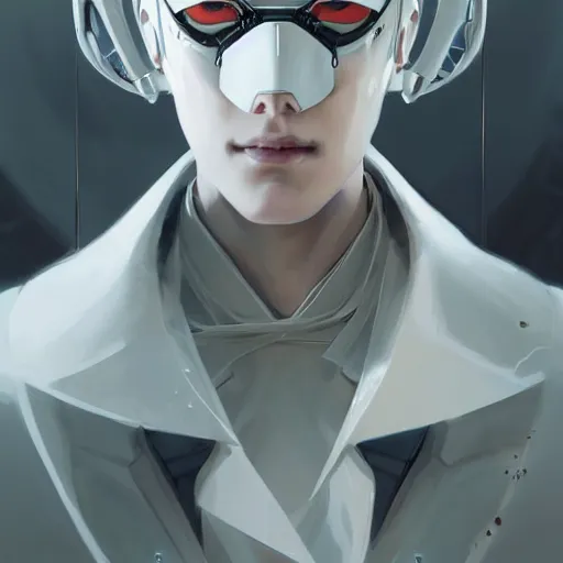 Image similar to portrait of a character with many robotic eyes, wearing sleek clothes, wearing a flowing white tailcoat, wearing a futuristic insectoid armored white mask with five circular lenses for eyes, many eyes, dramatic lighting, illustration by Greg rutkowski, yoji shinkawa, 4k, digital art, concept art, trending on artstation