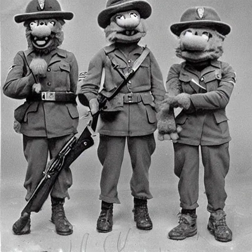 Prompt: vintage ww2 photograph of muppets as soldiers, realistic, weapons, war