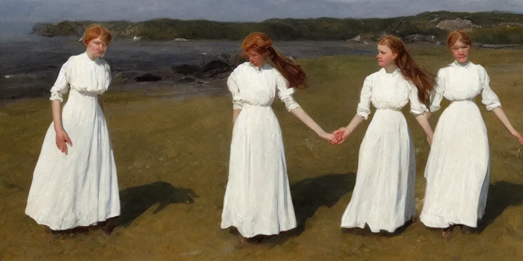 Image similar to 2 young edwardian women wearing white dresses hold hands on a beach in Sweden, in the style of Anders Zorn