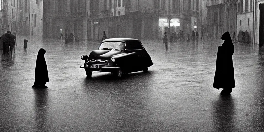 Image similar to A mysterious figure at a black 1955 Citroen DS 19 with the headlights on, parked on the side of the road in the city of Rome while it is raining, by George Tooker, moody, sinister, lighting, hyperrealistic