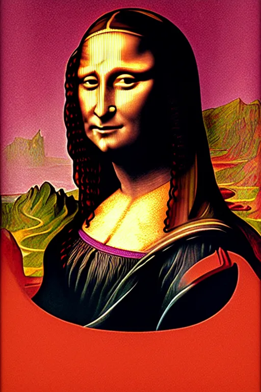 Prompt: a vibrant ultraclear sideview waist up portrait of cyborg mona lisa by rene magritte and laurie greasley, etching by gustave dore, colorful flat surreal, ethereal, intricate, sharp focus, illustration, highly detailed, digital painting, concept art, masterpiece