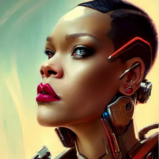 Image similar to cyborg Rihanna profile picture by Greg Rutkowski, dynamic pose, intricate, futuristic, fantasy, elegant, by Stanley Artgerm Lau, greg rutkowski, thomas kindkade, alphonse mucha, loish, norman Rockwell,