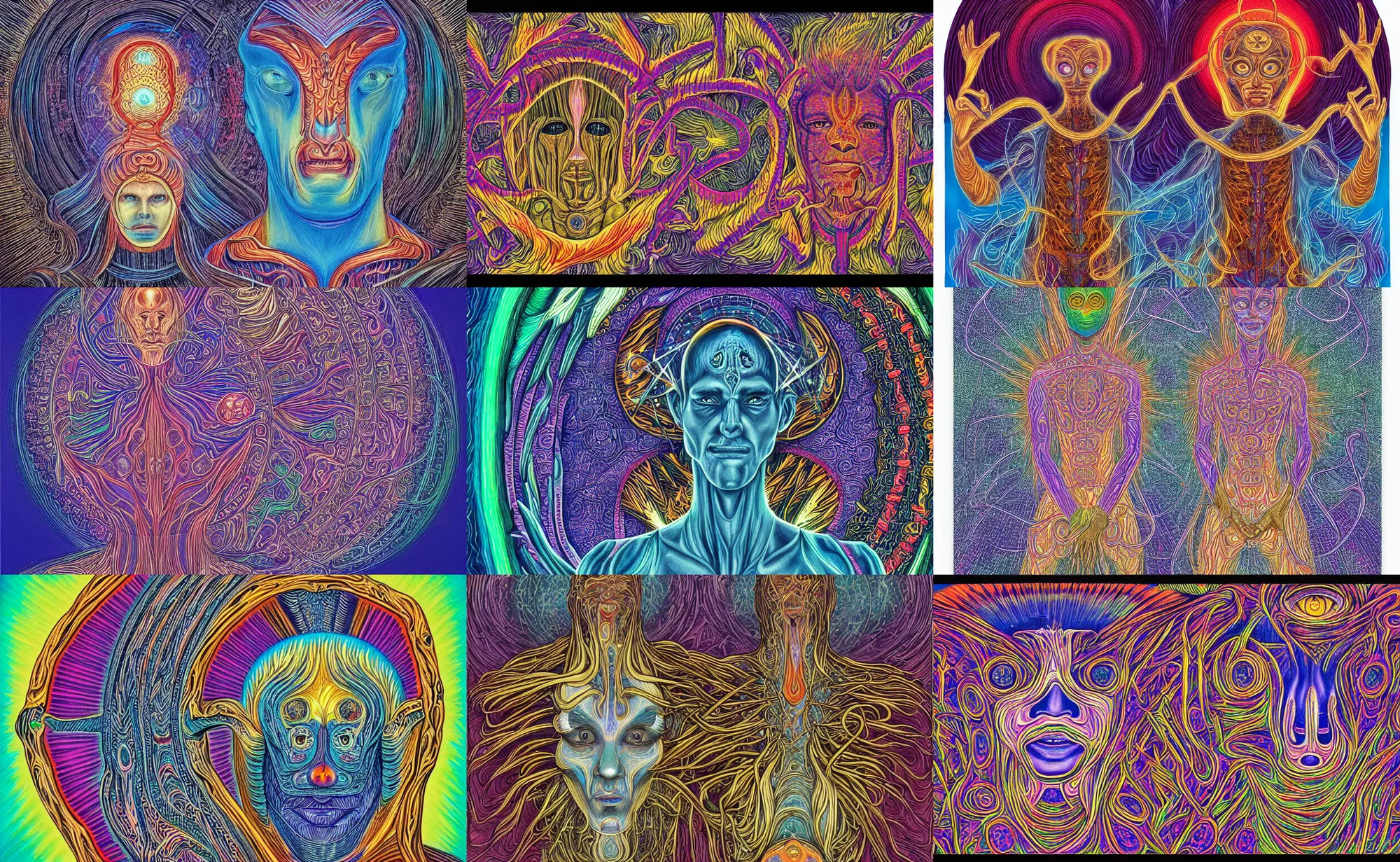 Image similar to A metaphysical highly detailed tulpa/servitor in the style of Alex Grey