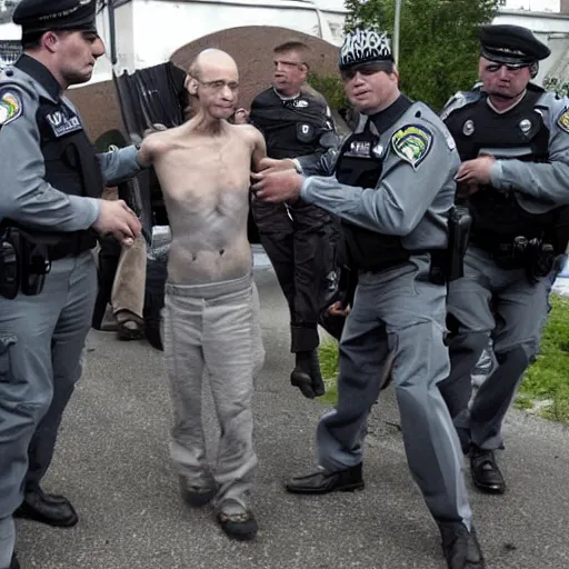 Image similar to extraterrestrial zeta reticulan grey alien, being arrested by spetsnaz