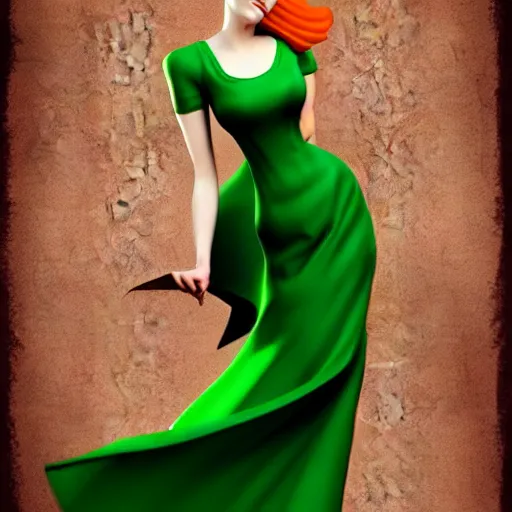 Image similar to beautiful quirky redhead woman, art nouveau, villian, green dress, Cinema4D