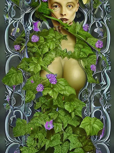 Prompt: The Hanging-Gardens of Pareidolia, lobelia, ivy, verbena and pothos growing facial features and optical-illusions, aesthetic!!!!!!!!!!!!!!!, by Chris Tulloch McCabe in the style of Gerald Brom,