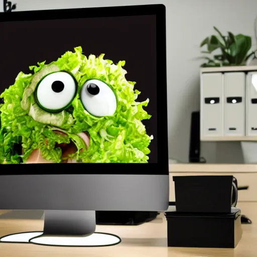 Prompt: a salad monster sits on a monitor inside an office