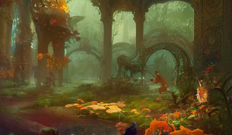 Prompt: dreamlike royal garden fantasycore, glossy painting, Art Nouveau Cosmic 4k Detailed Matte Illustration featured on Getty Images ,CGSociety, Jade and Carrot orange color scheme, Pastiche by Marc Simonetti, Pastiche by Cedric Peyravernay