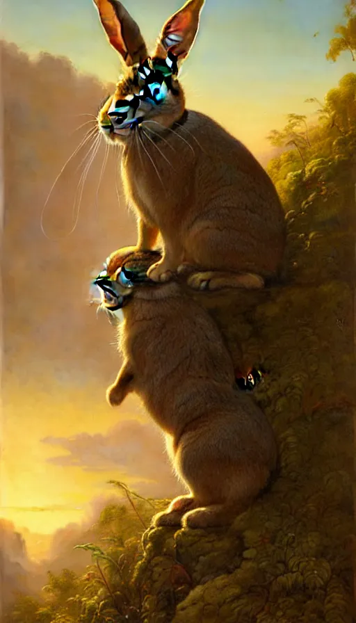 Prompt: rabbit looking off of a cliff, sun setting behind rabbit, lush forest in valley below, painted by tom bagshaw, james gurney, gaston bussiere, craig mullins, j. c. leyendecker 8 k