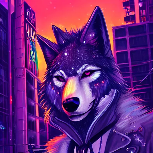 Image similar to beautiful furry art portrait commission of a furry anthro wolf fursona wearing punk clothes in the streets of a cyberpunk city at night in the snow. neon signs. character design by charlie bowater, ross tran, rick griffin, miles df, detailed, inked, western comic book art