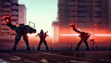 Prompt: Mechs fighting in the city at sunset, photorealistic, digital illustrations, sci-fi illustrations, mecha, concept art, photoreal, cinematic lighting, detailed lines, highly detailed, intricate, award-winning, dark, gritty, photojournalism, rendered in Octane, rendered in Unreal engine, 4k, ultra hd