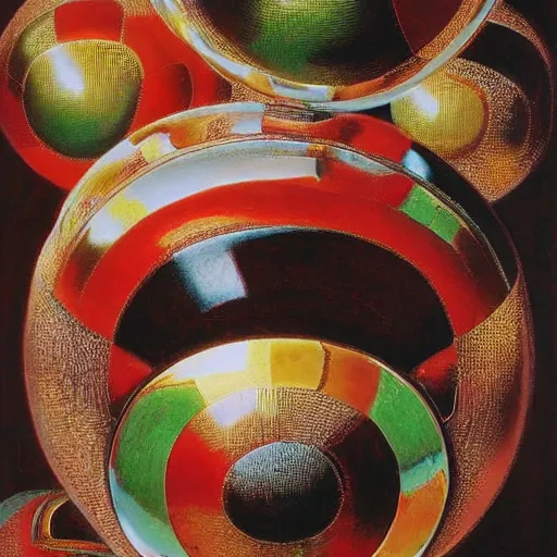 Prompt: chrome spheres on a red cube by giuseppe arcimboldo