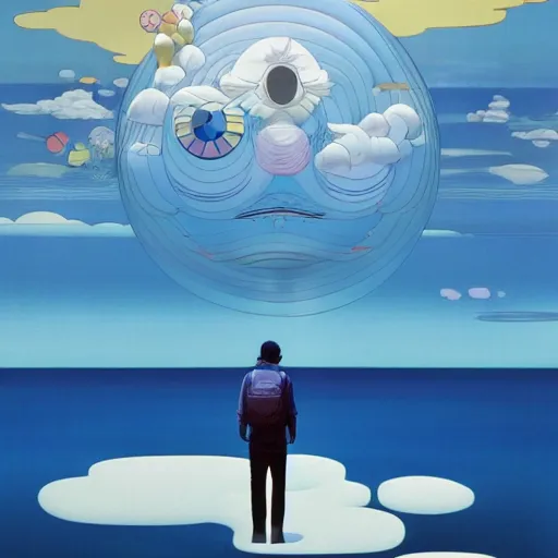 Image similar to a man walking on clouds away from the camera above a lake by takashi murakami, beeple and james jean, aya takano color style, 4 k, super detailed, modern, 4 k, symmetrical