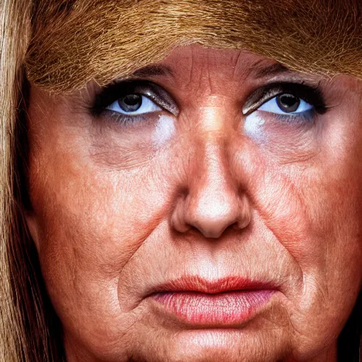 Prompt: uhd, high resolution photography of woman, genetic combination of hulk hogan and donald trump face and upper body, body focus