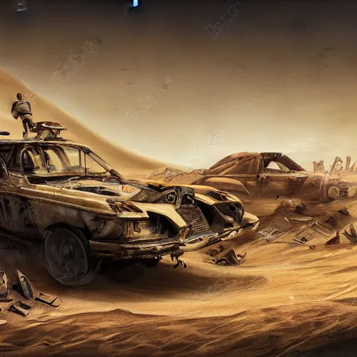 Prompt: painting of a sand landscape, futuristic, mad max style, wreckage of giant, buried, humanoid robots, oasis, 4 k, desolation