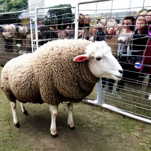 Prompt: a sheep being placed in a cage as society watches in awe