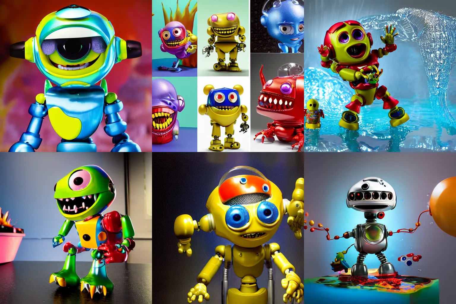 Prompt: crazy miniature toy Figure Robot monster 8K, by pixar, by dreamworks, in a Studio hollow, water drops, by jeff koons, by david lachapelle