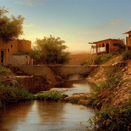 Prompt: High-Quality realist painting of a river crossing a traditional Syrian village in a valley at dawn, peaceful, very detailed, digital art.