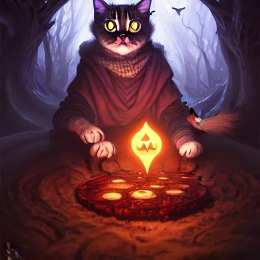 Image similar to Cat Witch, evil, brewing potion in witch Hut, magic the gathering artwork, horror, D&D, fantasy, cinematic lighting, centered, symmetrical, highly detailed, digital painting, artstation, concept art, smooth, sharp focus, illustration, volumetric lighting, epic Composition, 8k, art by Akihiko Yoshida and Greg Rutkowski and Craig Mullins, oil painting, cgsociety