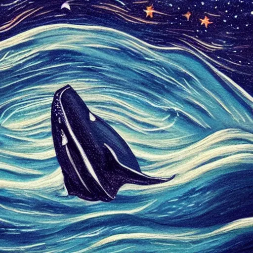 Prompt: portrait of whale swimming on a starry night sky, swimming across the universe, oniric, dreamy, beautiful,