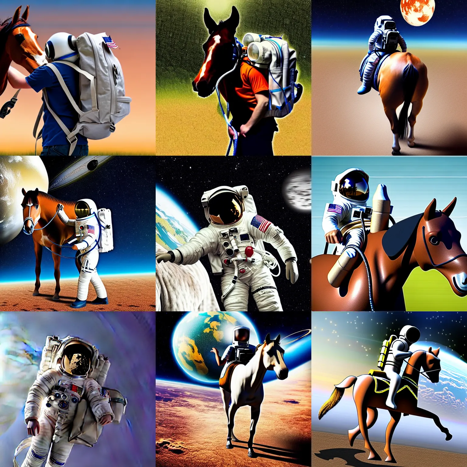 Prompt: extremely realistic photo of an astronaut carrying a horse in his backpack