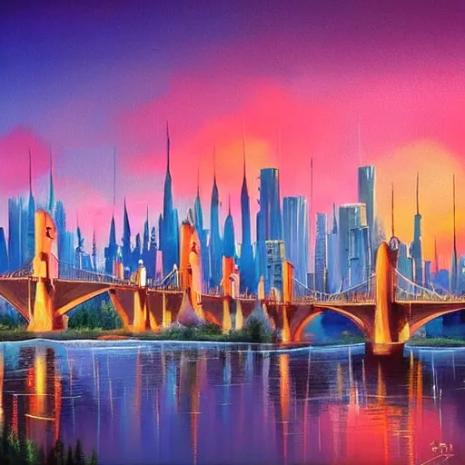 Image similar to Beautiful city of the future in harmony with nature. Nice colour scheme, soft warm colour. Beautiful painting by Lurid. (2022)