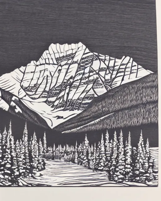 Image similar to an award winning Wood engraving on paper of The Canadian rockies