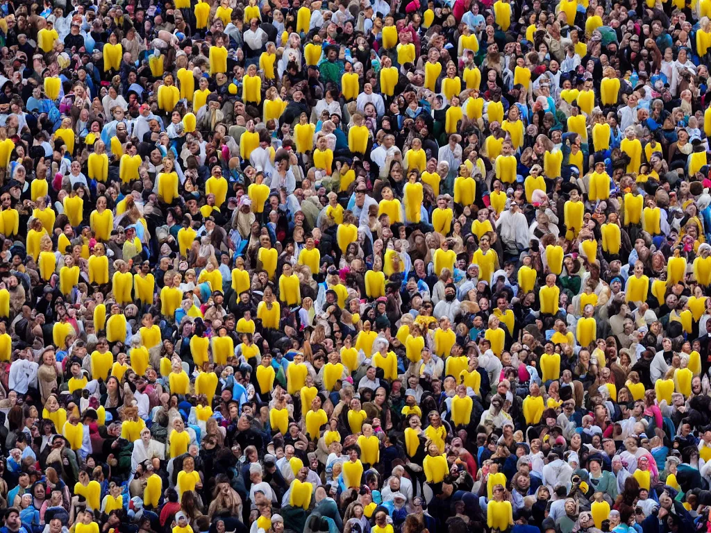 Image similar to 10,100 humans wearing angel costumes. they look up at the sky. they look at the viewer in joy. there is egg yolk in the middle of the crowd.