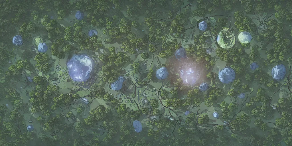 Image similar to a moonlit clearing in the woods, gridless tabletop roleplaying game map, top - down perspective, beautiful, 8 k, high quality digital art