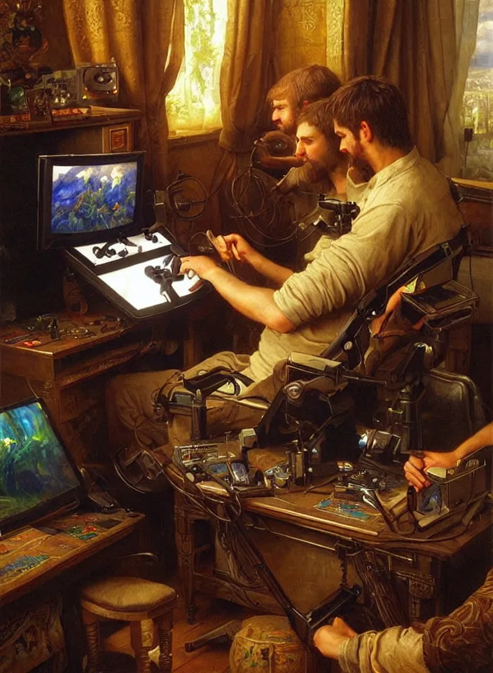 Prompt: Men playing video games on CRT television using Atari joysticks. Painting by Sophie Anderson. Intricate details. hyper realism. Masterpiece.