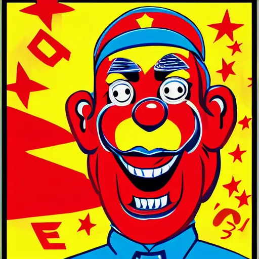 Image similar to communist clown, soviet propaganda, vivid colors, poster art style, detailed image, red, yellow, cyan, detailed lines, portrait
