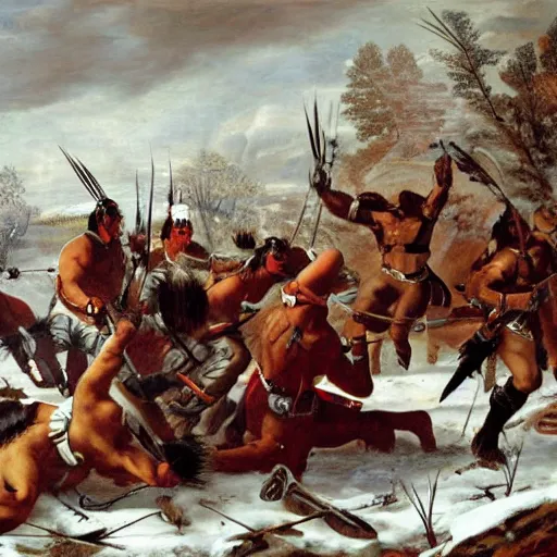 Image similar to majestic native americans fighting cyborg white men in a snowy field, landscape, hyper realistic painting, 1 6 0 0 s,