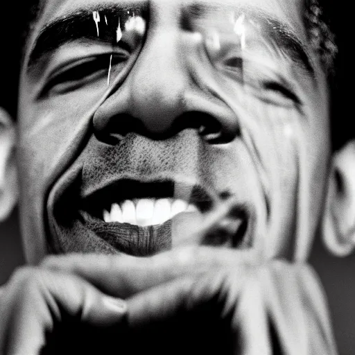 Image similar to portrait of barack obama very sweaty, close up, sharp details. nikon 2 9 mm f / 0. 8, cinelux asa 1 0 0, medium - format print.