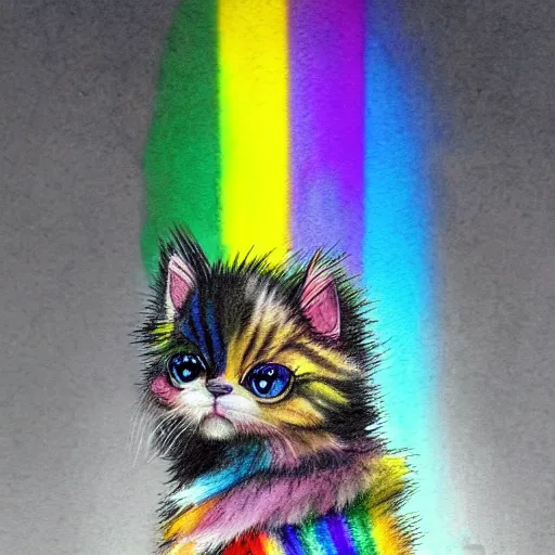 Image similar to wide angle full body, of a fluffy cute rainbow kitten wearing a black motorcycle jacket, concept art