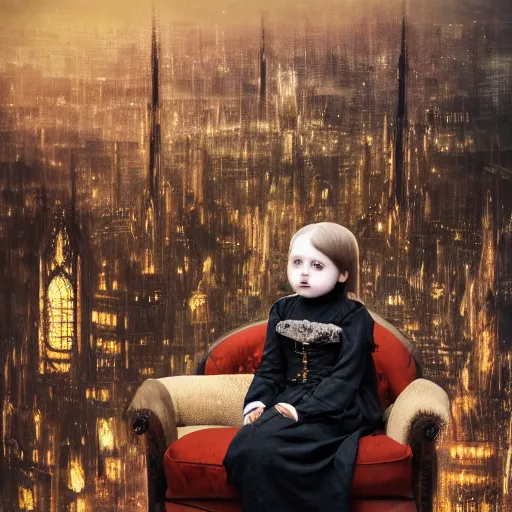 Image similar to a color photo of young sad victorian gothic child with big eyes and wide grin sitting on a sofa of bones surrounded by a cyber futuristic cityscape made of human body parts, ultra detailed, 8 k resolution, beautiful lighting, expansive detailed layered city, landscape, sigma 8 5 mm, award winning photography, perfect faces