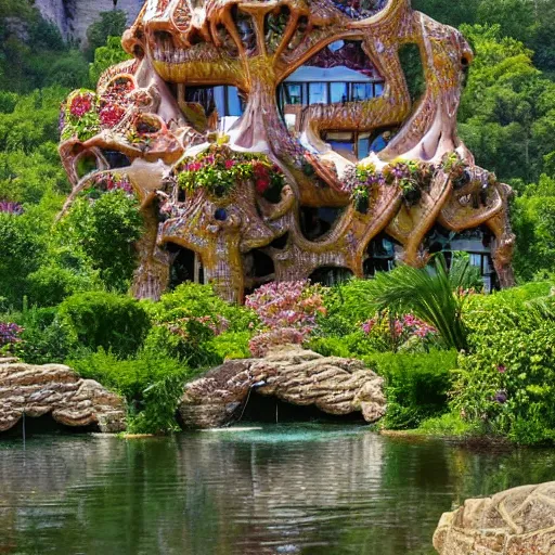 Image similar to valley village on the lake, waterfalls, flowers and intricate detailed visionary architecture and gardens by antoni gaudi, john stephens, alex gray