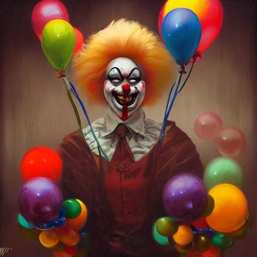 Prompt: creepy clown with colourful marbles and balloons, realistic, by Anato Finnstark, Tom Bagshaw, Brom