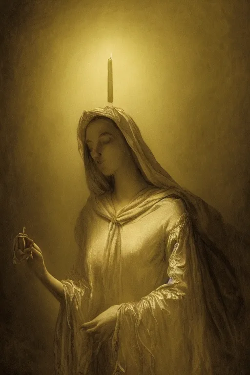 Prompt: baroque gothic woman lit by a single candle, gustave dore, 4 k resolution, concept art, mist, autumnal, chiaroscuro,