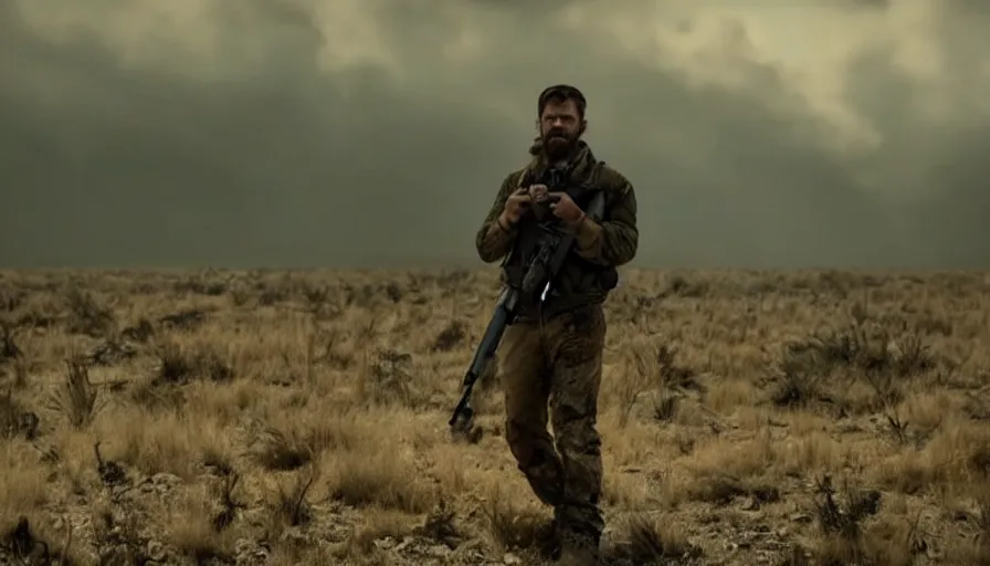 Image similar to lone survivor man holding walkie - talkie!! in post - apocalyptic nature landscape. movie screenshot. shallow depth of field, cinematic. cinematic composition