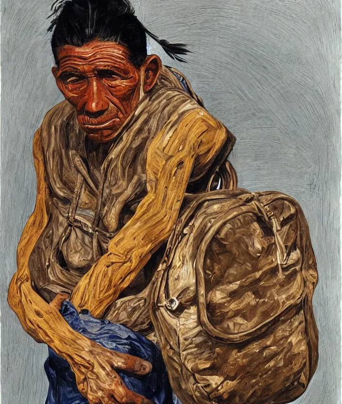 Image similar to indigenous man carrying a lot of bags, painted by lucian freud, hd, super detailed, realistic, muted colors