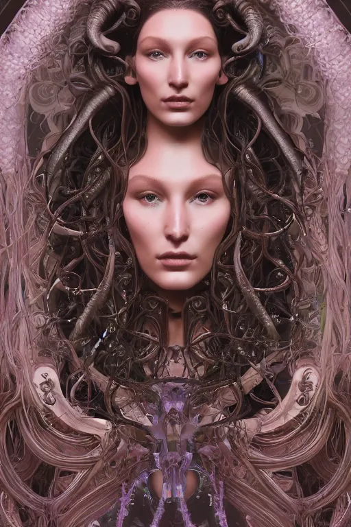 Image similar to a portrait of a beautiful ancient alien medusa gorgon woman goddess bella hadid standing in iris van herpen dress jewelery and fractals in style of alphonse mucha art nuvo dmt trending on artstation made in unreal engine 4