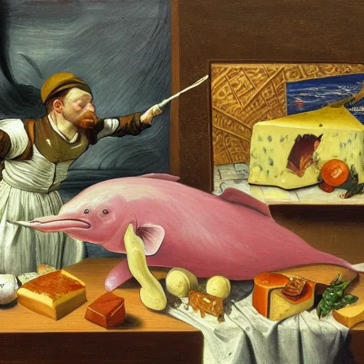 Image similar to a highly detailed oil painting of a pink dolphin ruling a cheese kingdom where everything is made from different types of cheese, surreal, 4 k, trending on art station, in the style of caravaggio, comic book style, van gogh