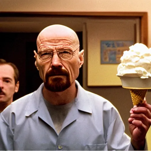 Image similar to walter white holding an ice cream sundae, sharp focus