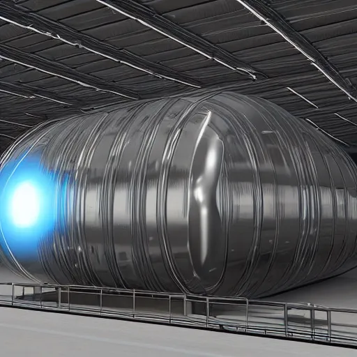 Image similar to big metallic capsule connected to pipelines, purpose is pump, standing in large industrial hall, designed by best engineers, raytracing, reflections