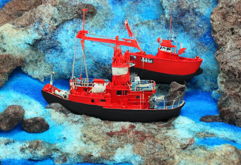 Image similar to red tugboat in ocean diorama, minature, 55mm, cube