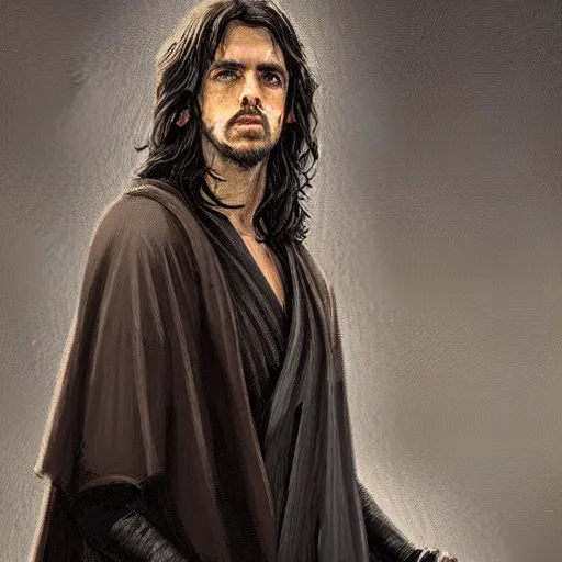 Image similar to portrait of a man by greg rutkowski, british features, messy black long hair, black robes, star wars expanded universe, he is about 2 0 years old, wearing jedi robes, highly detailed portrait, digital painting, artstation, concept art, smooth, sharp foccus ilustration, artstation hq