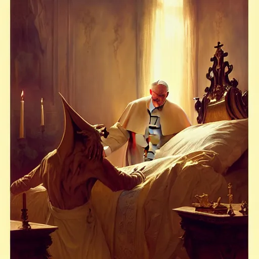 Image similar to the pope is in his bed, nervous and terrified, because a double horned shadow figure ghost from hell is attacking him. highly detailed painting by gaston bussiere, j. c. leyendecker, greg rutkowski, craig mullins 8 k