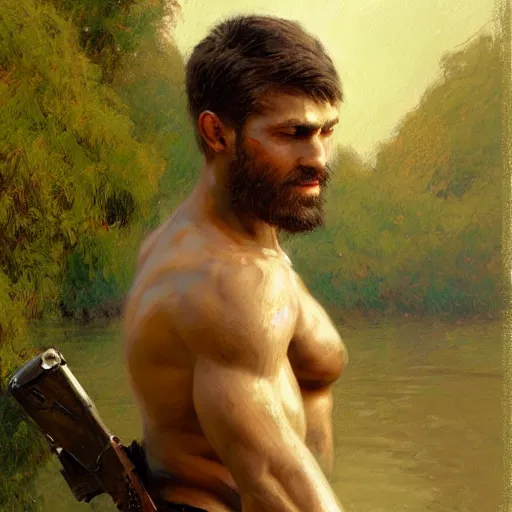 Image similar to young solider by a river, playful, male, muscular, green eyes, straight nose, beard, detailed face, gorgeous, amazing, muscular, intricate, highly detailed, painting by Gaston Bussiere, Craig Mullins